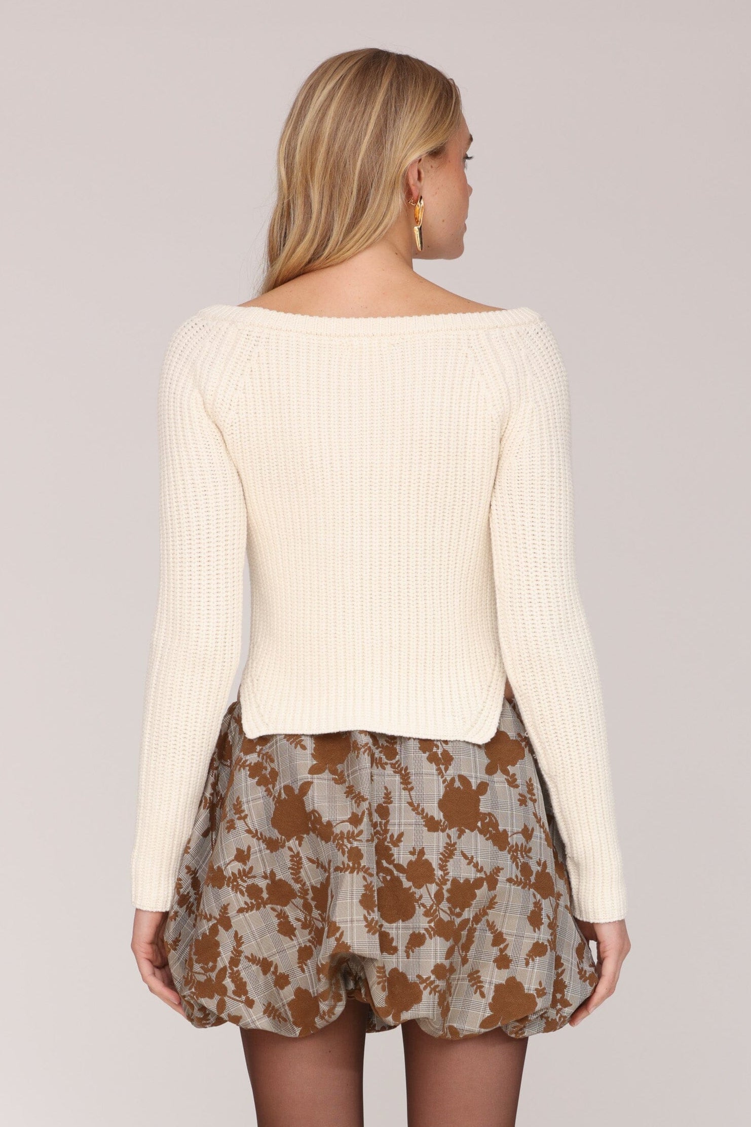 Rosette detail bateau ribbed knit Ivory sweater with crochet floral appliques and long fitted sleeves - Cute women's sweaters by Avec Les Filles