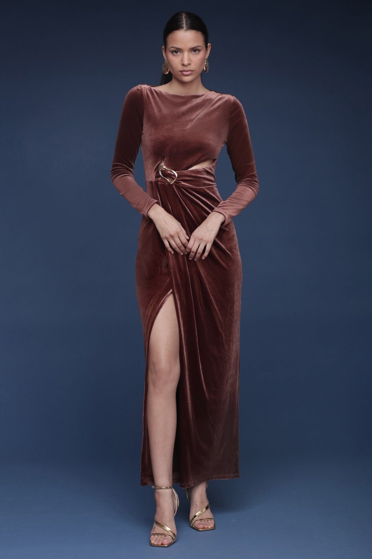 Avec Les Filles Long-Sleeve Cutout Velvet Maxi Dress