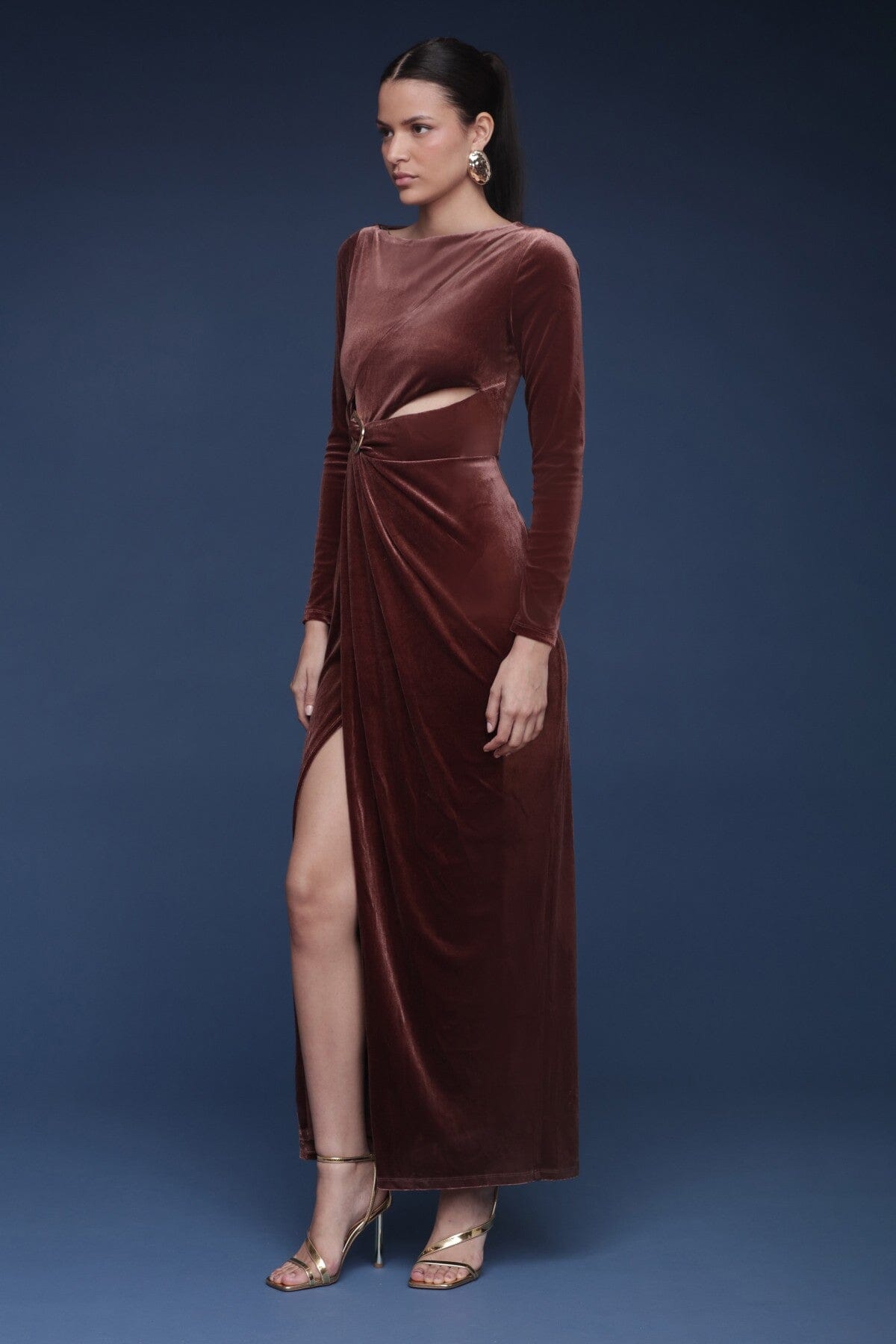 Velvet cutout drape chocolate brown maxi dress with long sleeves and asymmetrical waist - Shop Cute women's maxi dresses by Avec Les Filles