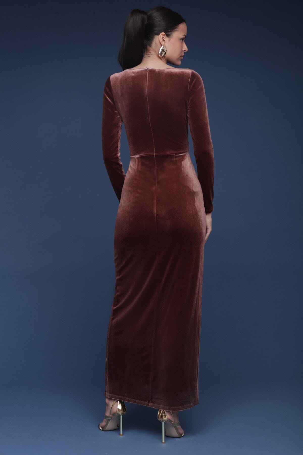 Velvet cutout drape chocolate brown maxi dress with long sleeves and asymmetrical waist - Shop Cute women's maxi dresses by Avec Les Filles