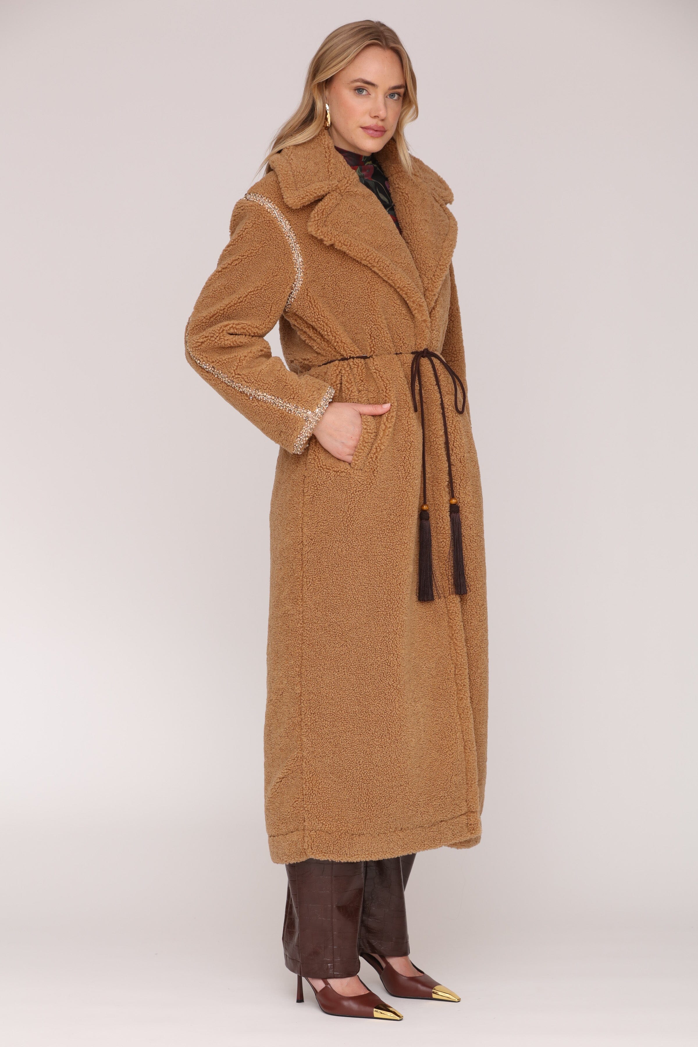 Removable belted camel faux fur maxi coat with side pockets - Shop cute women’s long coats and outerwear by Avec Les Filles