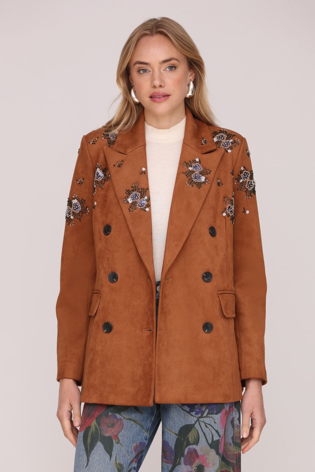 Embellished faux suede double-breasted button front brown blazer jacket with notched collar and flap pockets - Shop cute women's blazers by Avec Les Filles