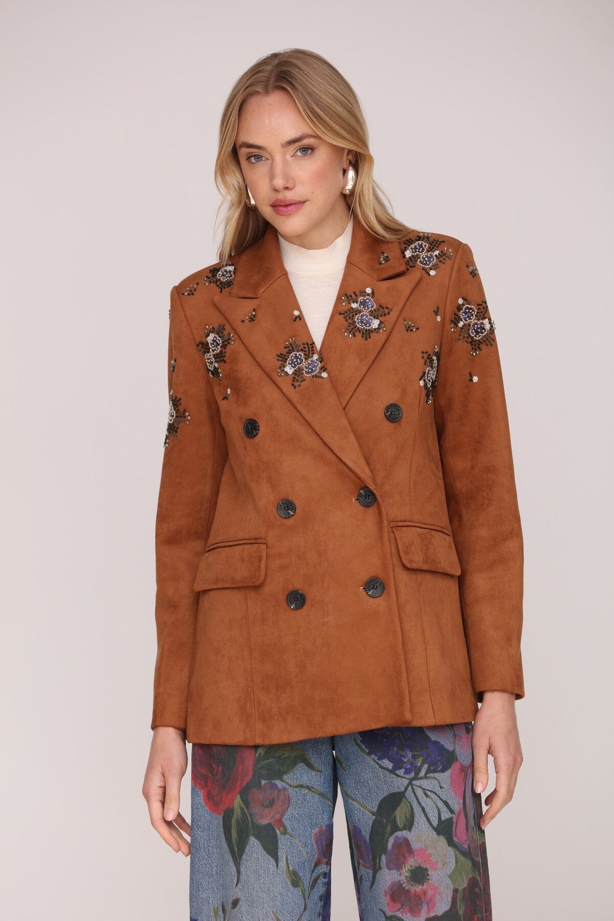 Embellished faux suede double-breasted button front brown blazer jacket with notched collar and flap pockets - Shop cute women's blazers by Avec Les Filles