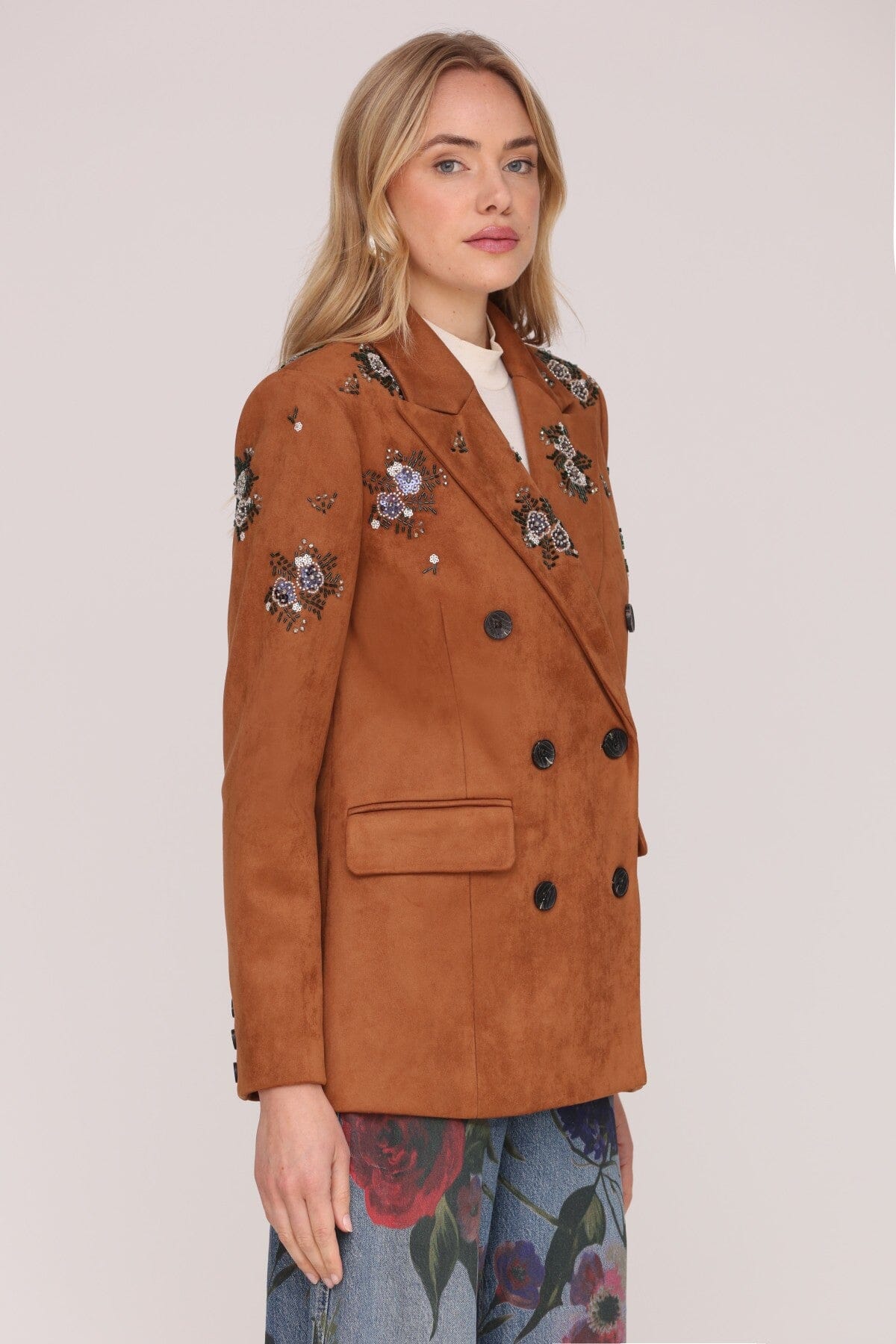 Embellished faux suede double-breasted button front brown blazer jacket with notched collar and flap pockets - Shop cute women's blazers by Avec Les Filles