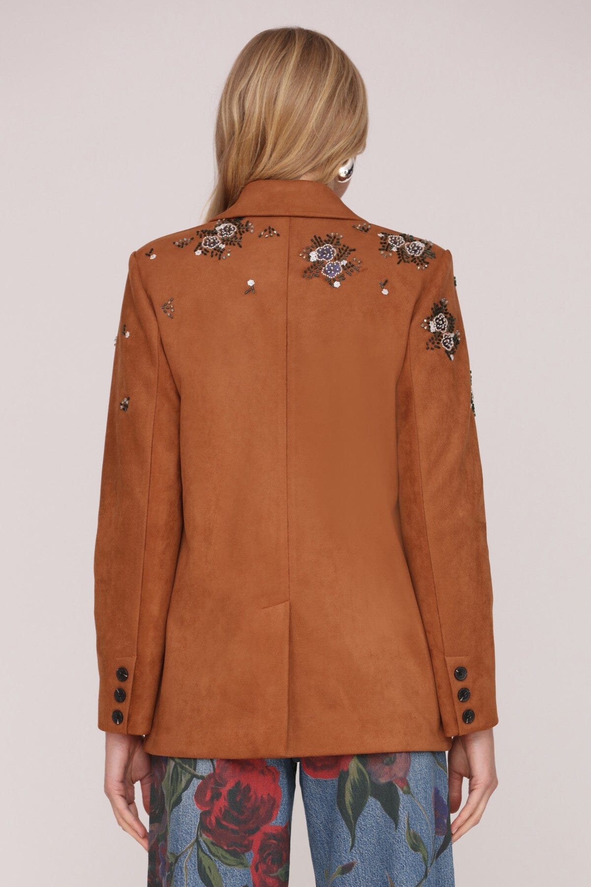 Embellished faux suede double-breasted button front brown blazer jacket with notched collar and flap pockets - Shop cute women's blazers by Avec Les Filles