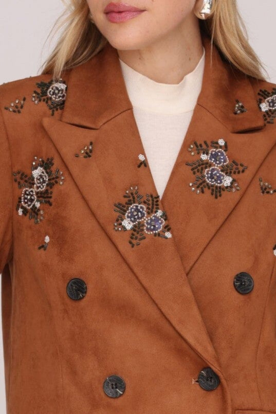 Embellished faux suede double-breasted button front brown blazer jacket with notched collar and flap pockets - Shop cute women's blazers by Avec Les Filles