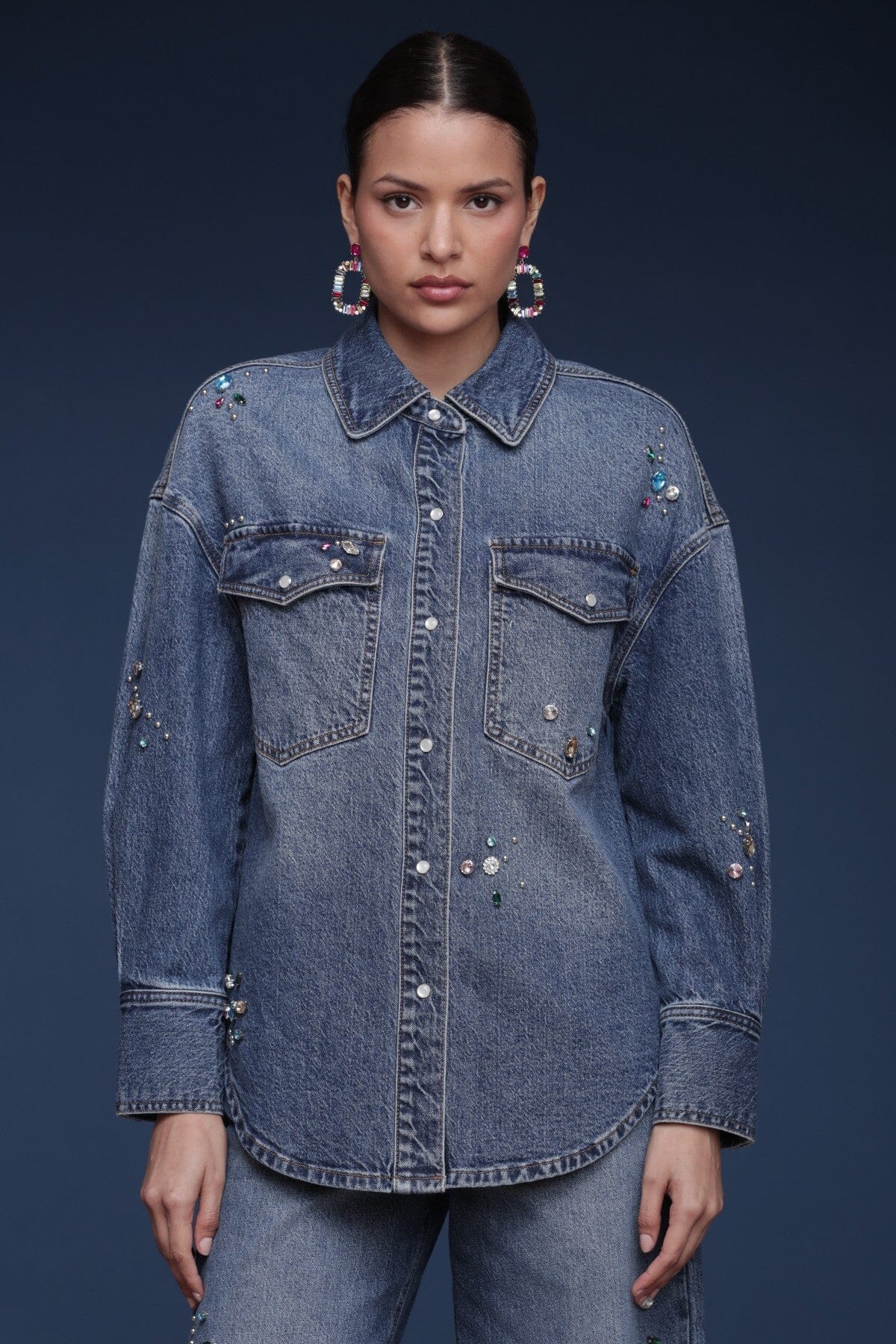 Bejeweled denim cotton-blend blue shirt with jewel embellishments, a relaxed fit, long sleeves and a pointed collar - Shop women’s shirts by Avec Les Filles