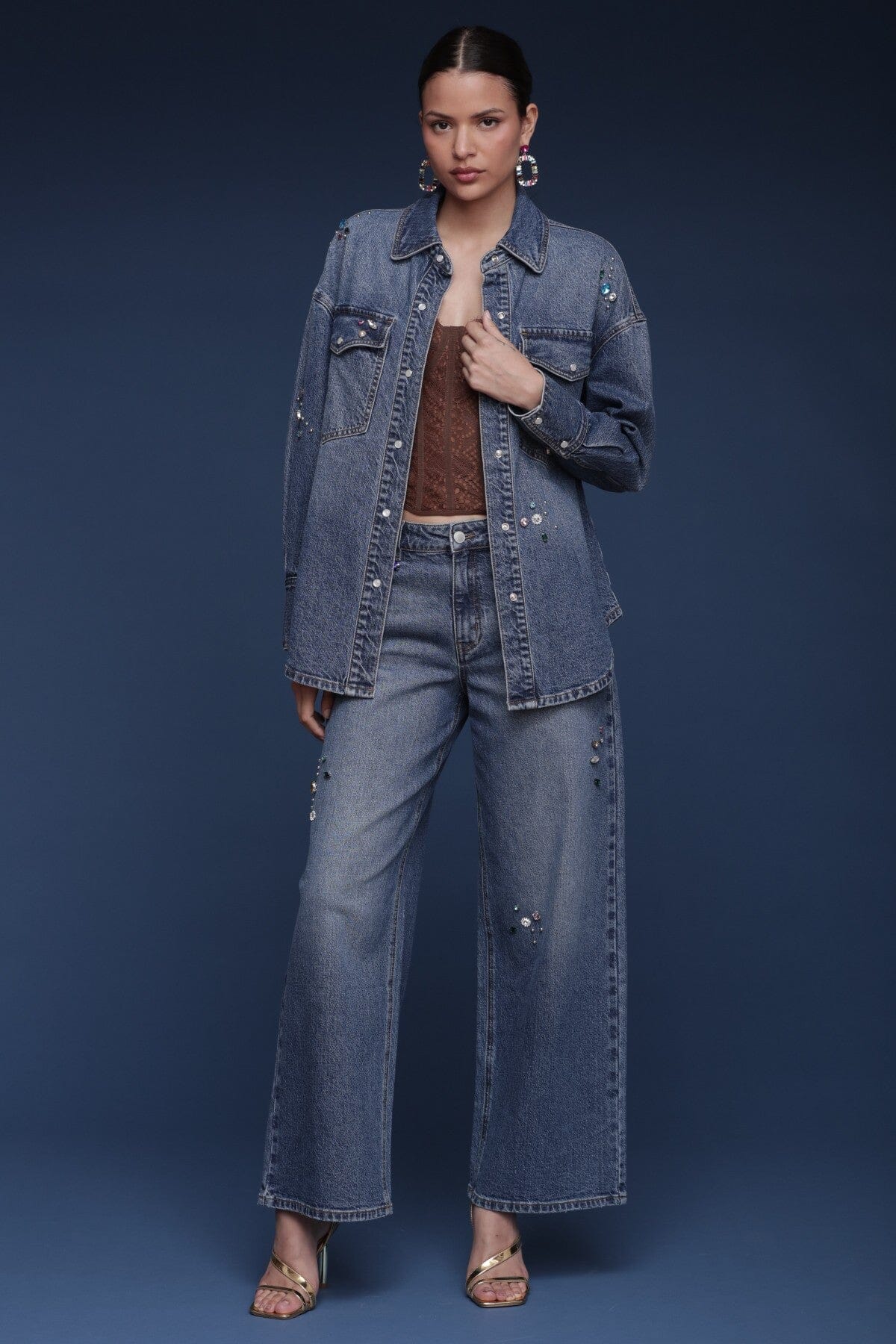 Bejeweled denim cotton-blend blue shirt with jewel embellishments, a relaxed fit, long sleeves and a pointed collar - Shop women’s shirts by Avec Les Filles