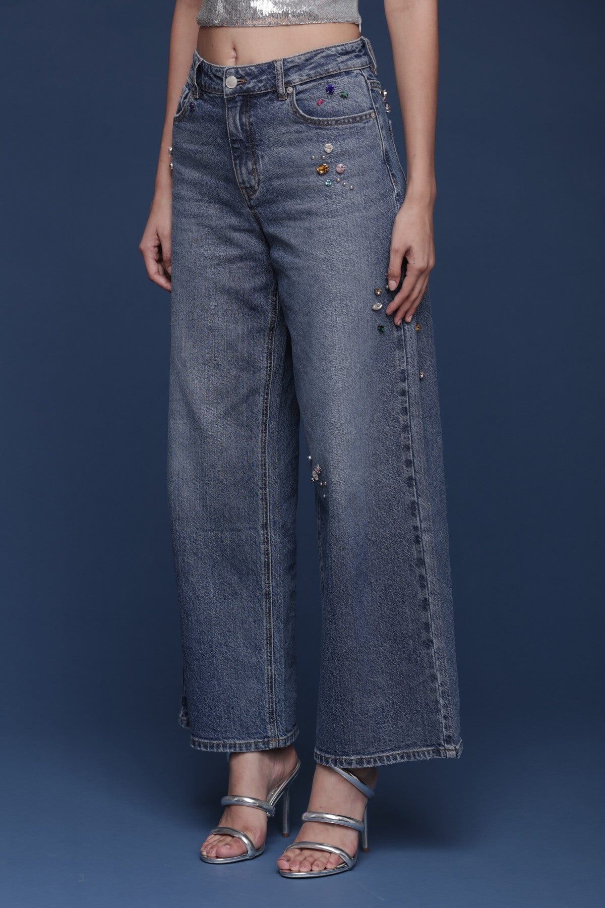 Bejeweled high-rise wide-leg blue jeans in a cotton-blend denim with allover jewel embellishments and five-pocket - Shop designer women’s jeans by Avec Les Filles
