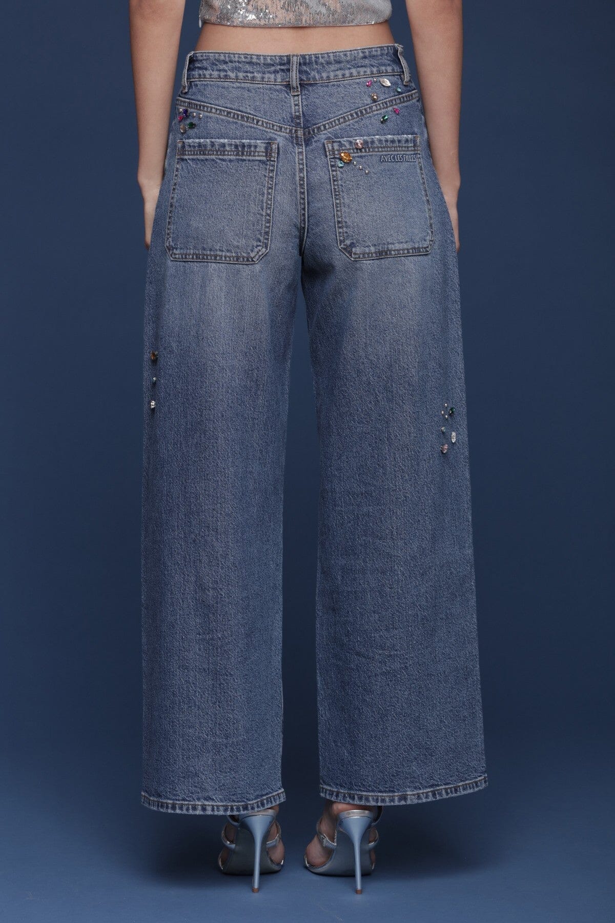 Bejeweled high-rise wide-leg blue jeans in a cotton-blend denim with allover jewel embellishments and five-pocket - Shop designer women’s jeans by Avec Les Filles