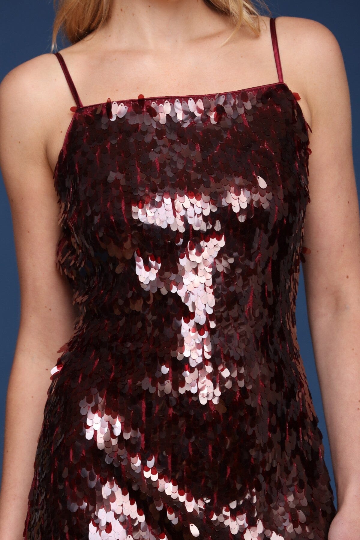 Burgundy sequin mini dress with open back, square neckline, and spaghetti straps - Shop cute women's mini dresses by Avec Les Filles