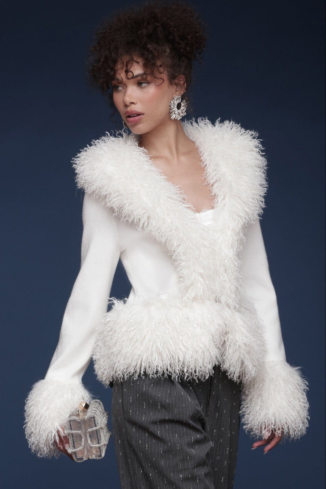 Plush faux fur-trimmed ivory cardigan with long sleeves and soft knit body - Shop designer women's cardigans by Avec Les Filles