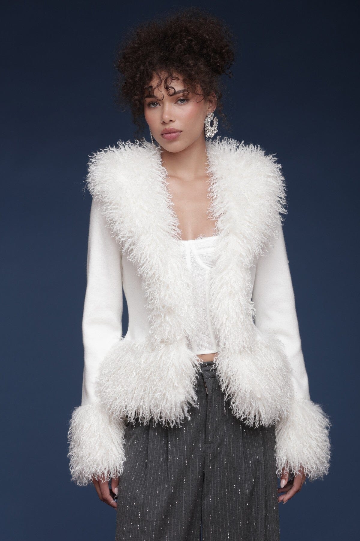 Plush faux fur-trimmed ivory cardigan with long sleeves and soft knit body - Shop designer women's cardigans by Avec Les Filles