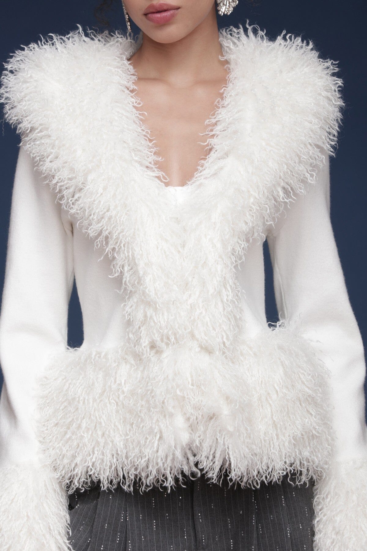 Plush faux fur-trimmed ivory cardigan with long sleeves and soft knit body - Shop designer women's cardigans by Avec Les Filles