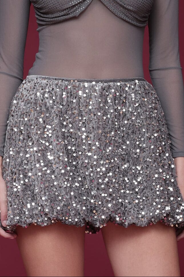 Sequin bubble silver mini skirt with allover sequin embellishment and cinched hem - Shop designer women's party mini skirts by Avec Les Filles