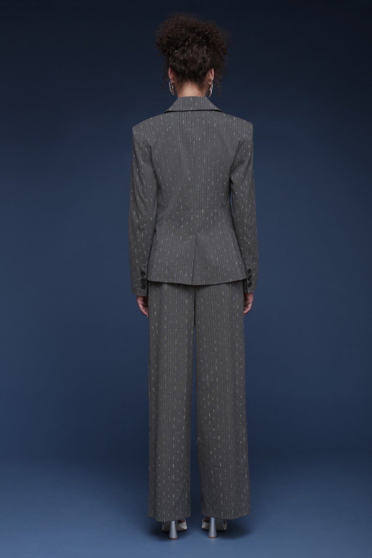 Crystal grey pinstripe tailored button-front blazer with notched lapels and long sleeves - Shop designer women's blazers by Avec Les Filles