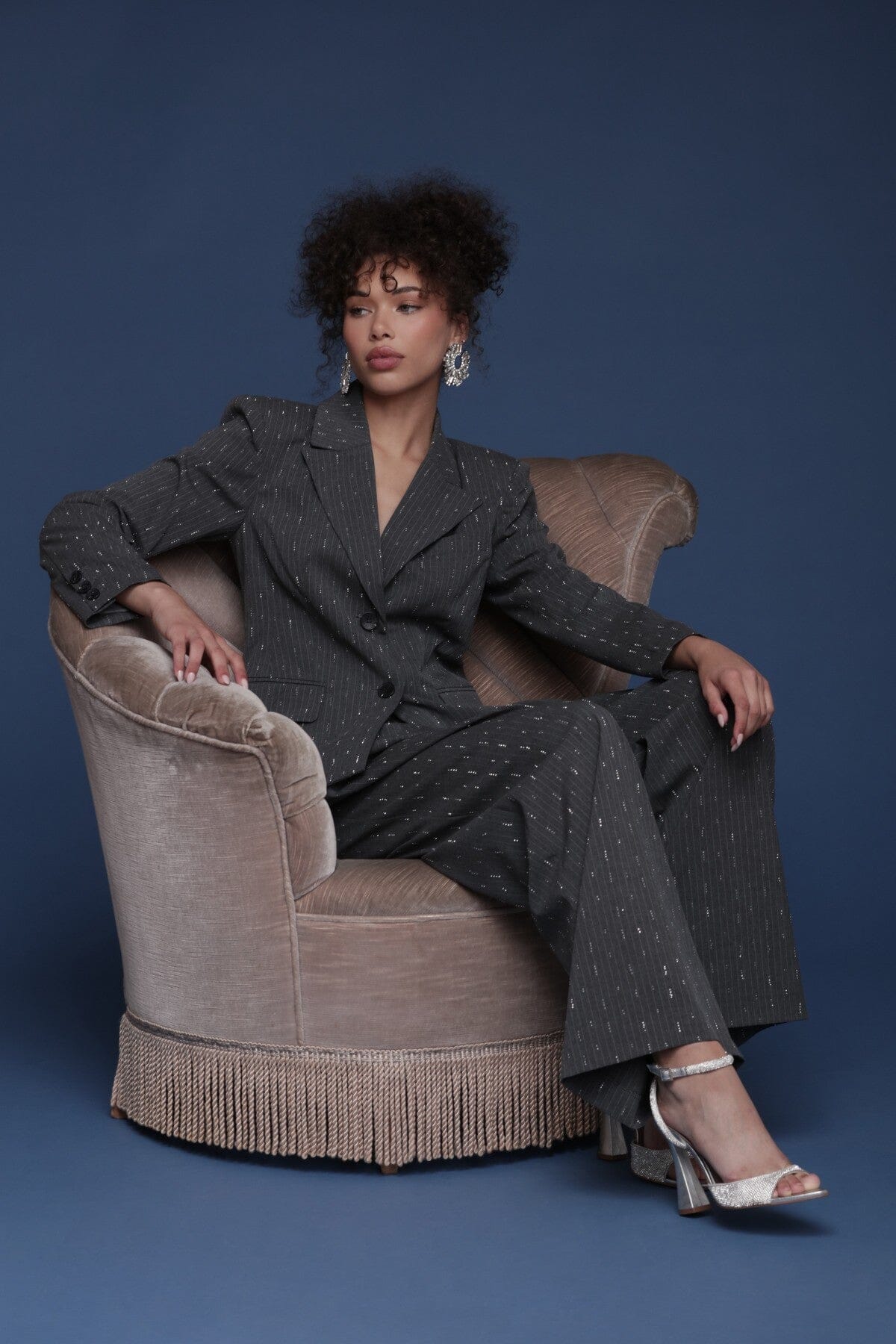 Crystal grey pinstripe tailored button-front blazer with notched lapels and long sleeves - Shop designer women's blazers by Avec Les Filles