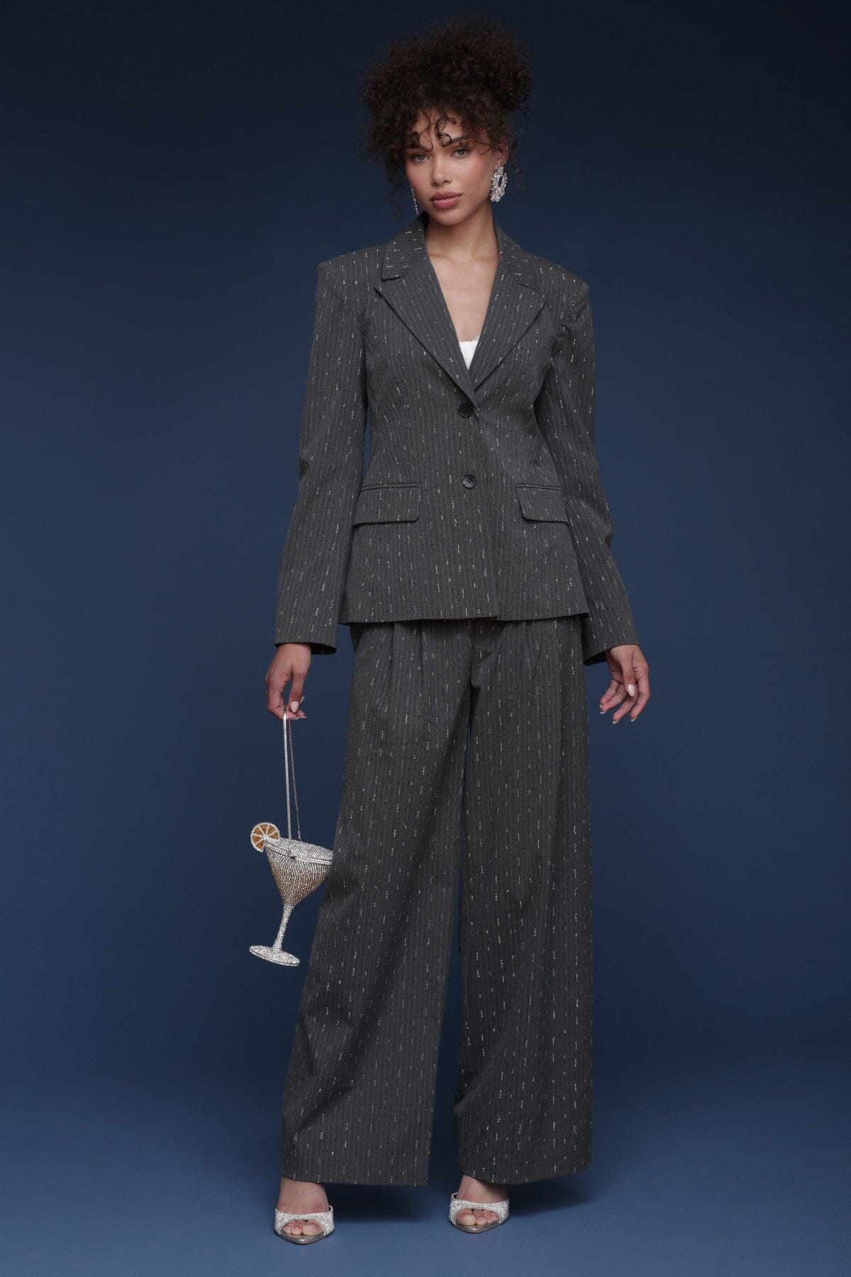 Crystal grey pinstripe tailored button-front blazer with notched lapels and long sleeves - Shop designer women's blazers by Avec Les Filles