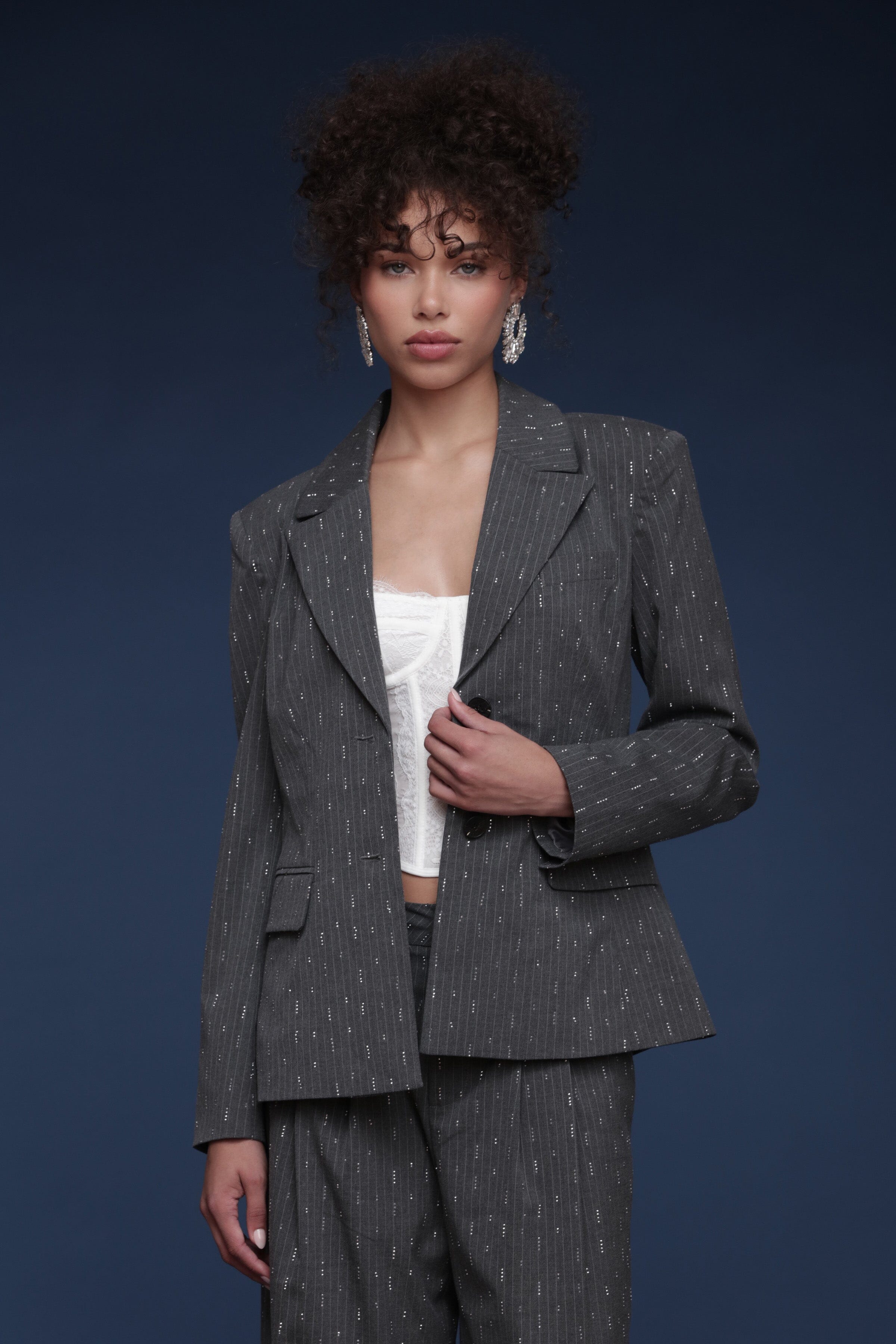 Crystal grey pinstripe tailored button-front blazer with notched lapels and long sleeves - Shop designer women's blazers by Avec Les Filles