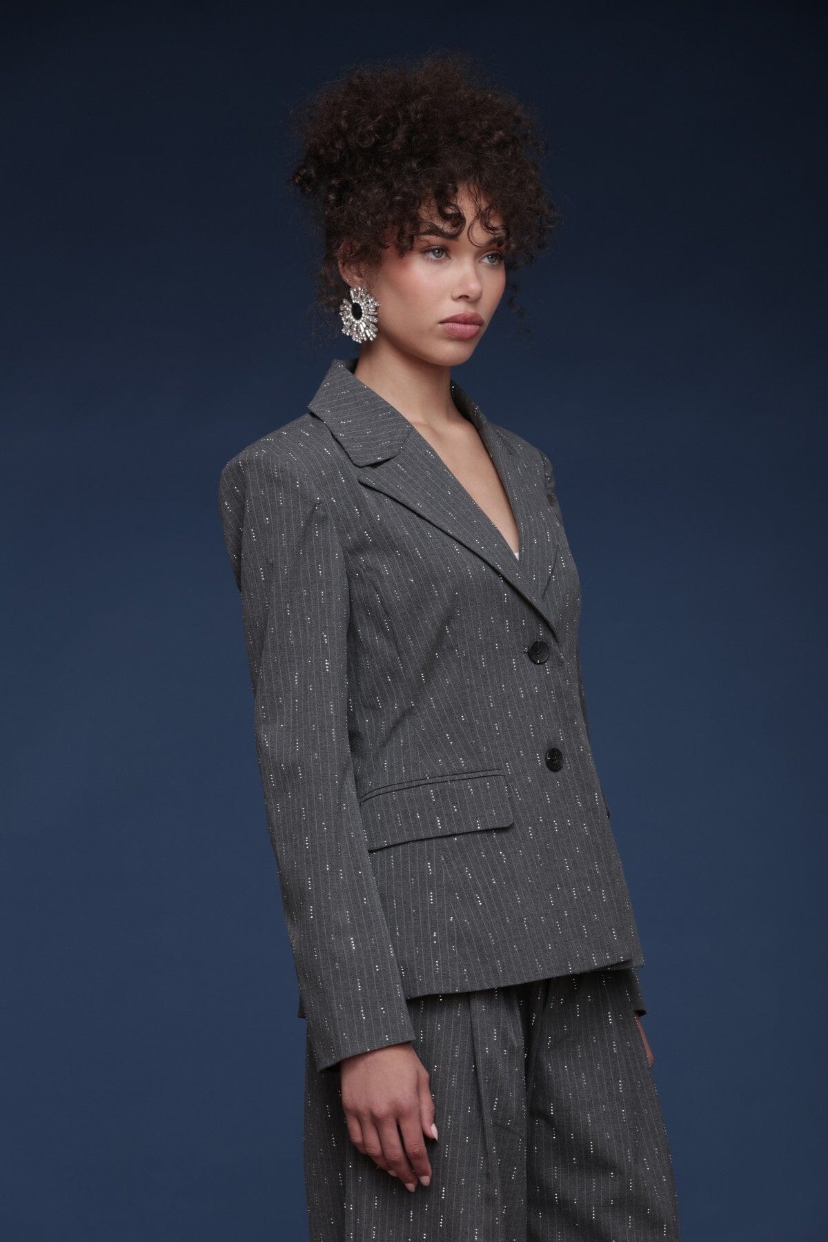 Crystal grey pinstripe tailored button-front blazer with notched lapels and long sleeves - Shop designer women's blazers by Avec Les Filles