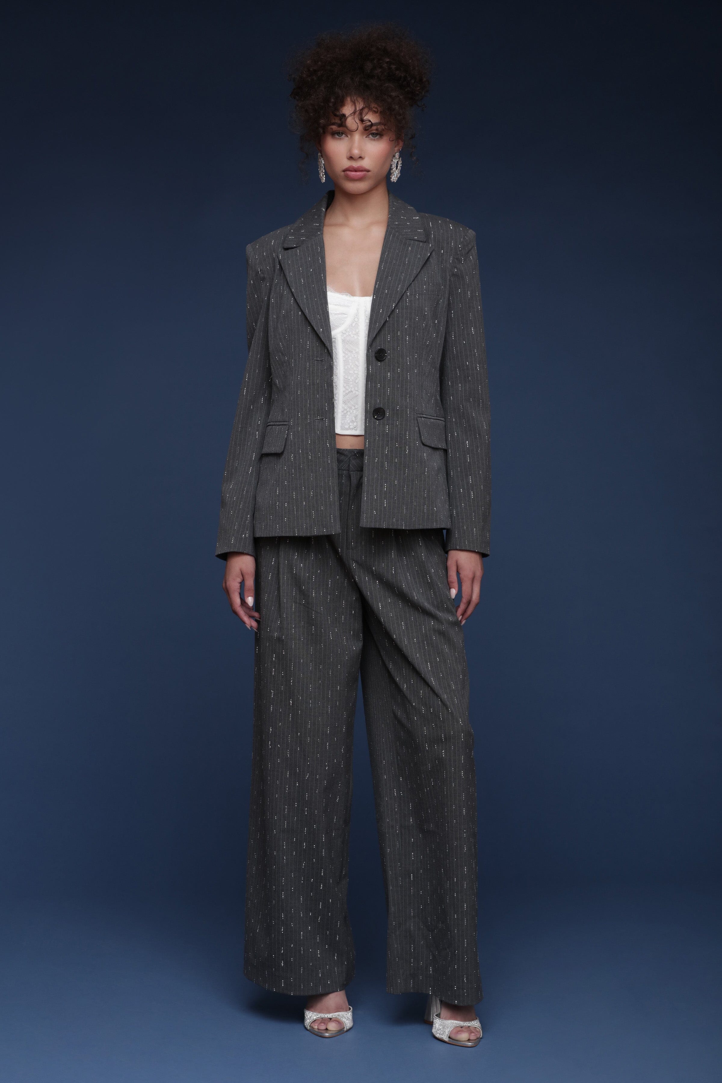 Crystal grey pinstripe tailored button-front blazer with notched lapels and long sleeves - Shop designer women's blazers by Avec Les Filles