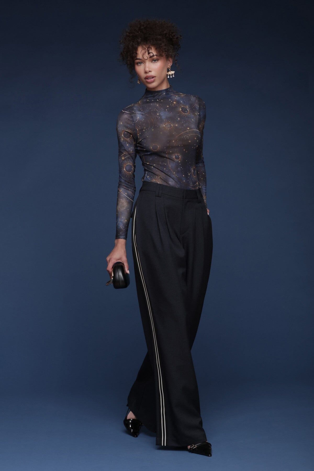 Side stripe wide-leg high-rise navy trouser pant with side slit pockets and front pleats - Cute women's trousers by Avec Les Filles