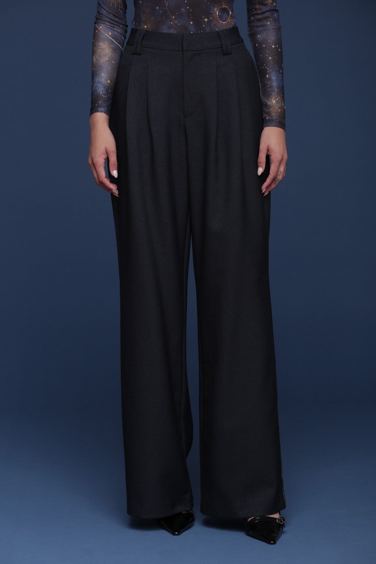 Side stripe wide-leg high-rise navy trouser pant with side slit pockets and front pleats - Cute women's trousers by Avec Les Filles