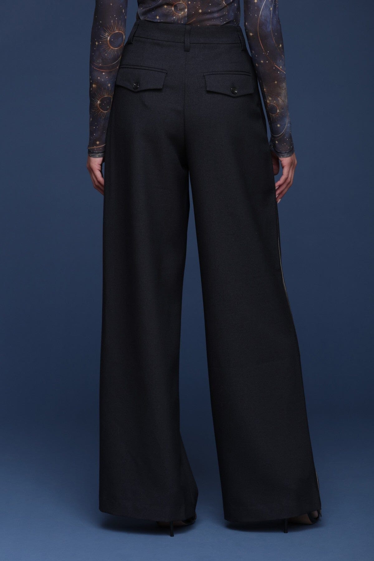 Side stripe wide-leg high-rise navy trouser pant with side slit pockets and front pleats - Cute women's trousers by Avec Les Filles