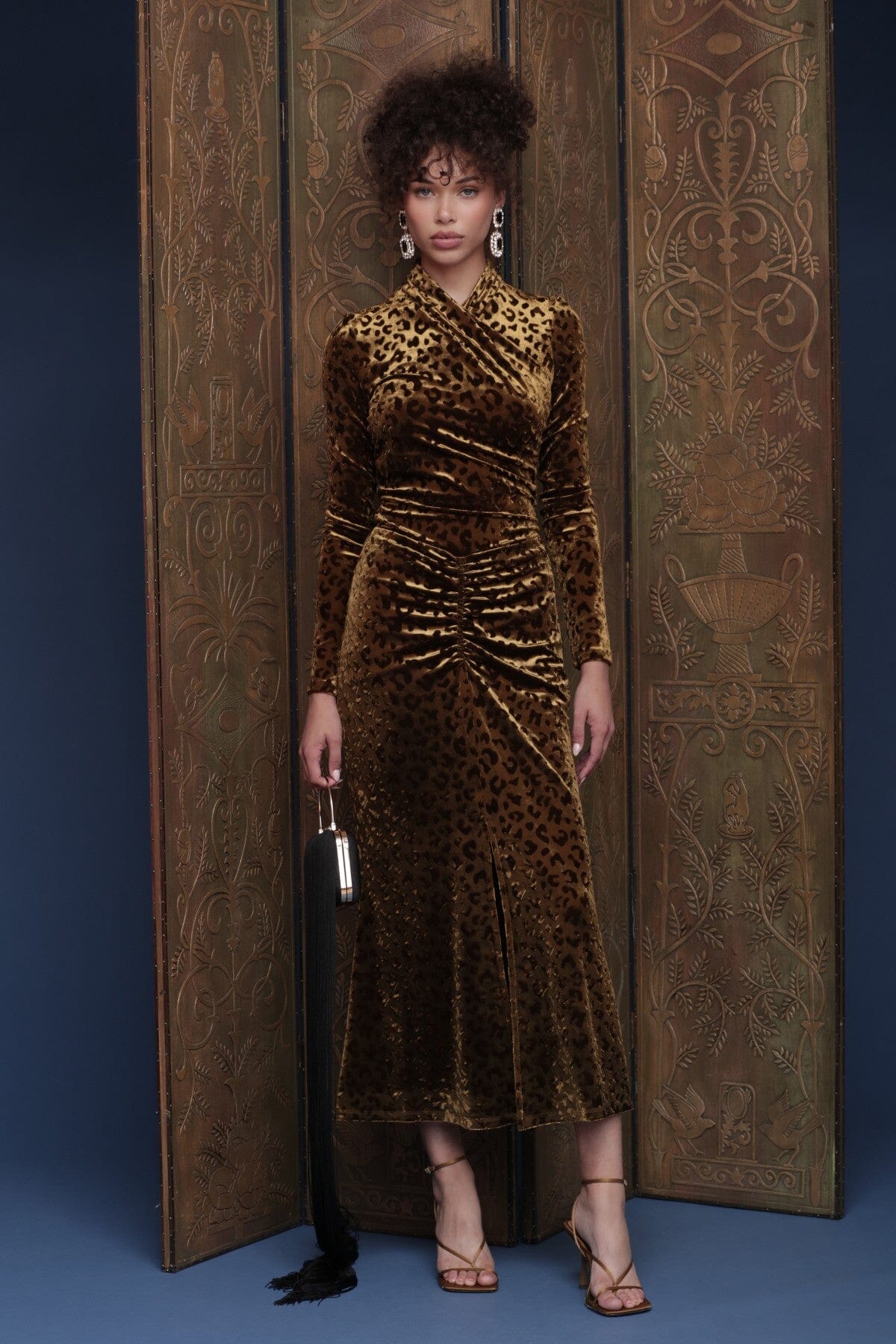 Leopard motif velvet ruched midi skirt with high-rise waist and flattering fit - Shop cute women's midi skirts by Avec Les Filles