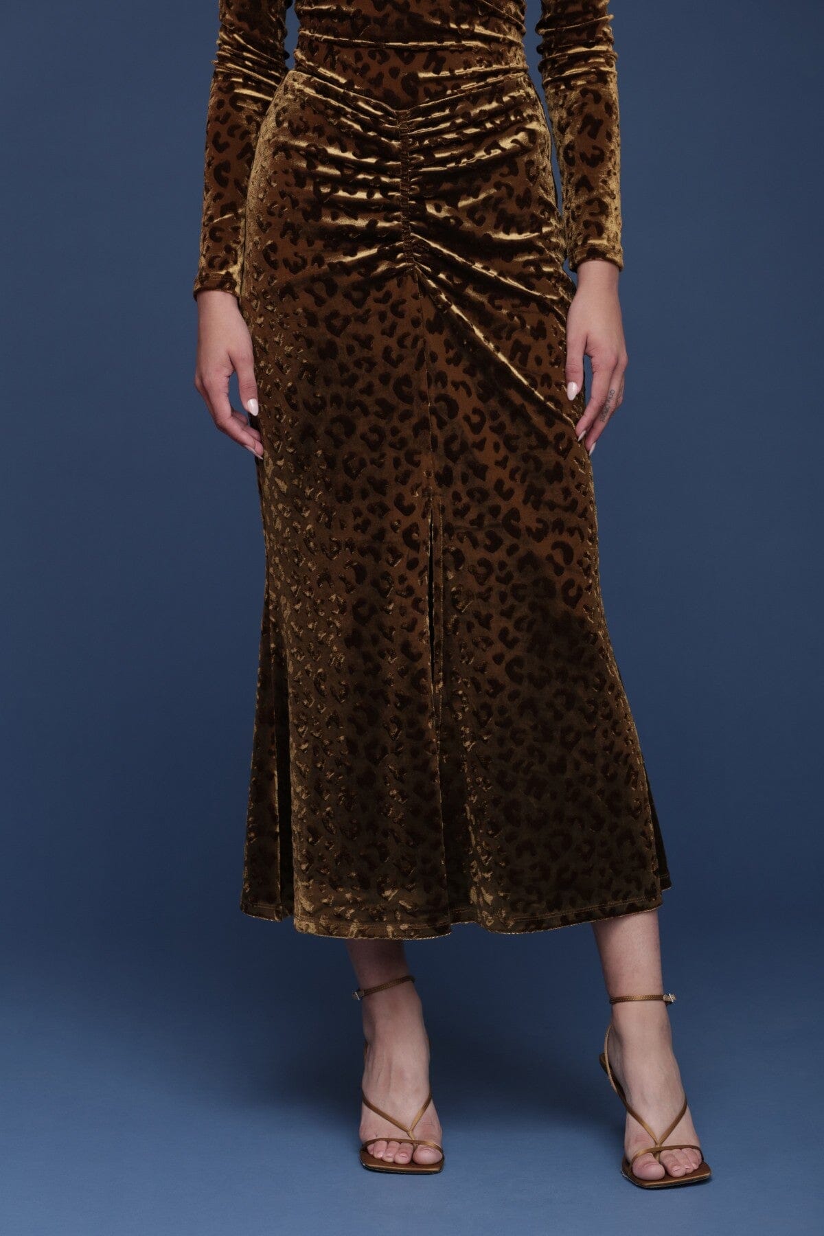 Leopard motif velvet ruched midi skirt with high-rise waist and flattering fit - Shop cute women's midi skirts by Avec Les Filles
