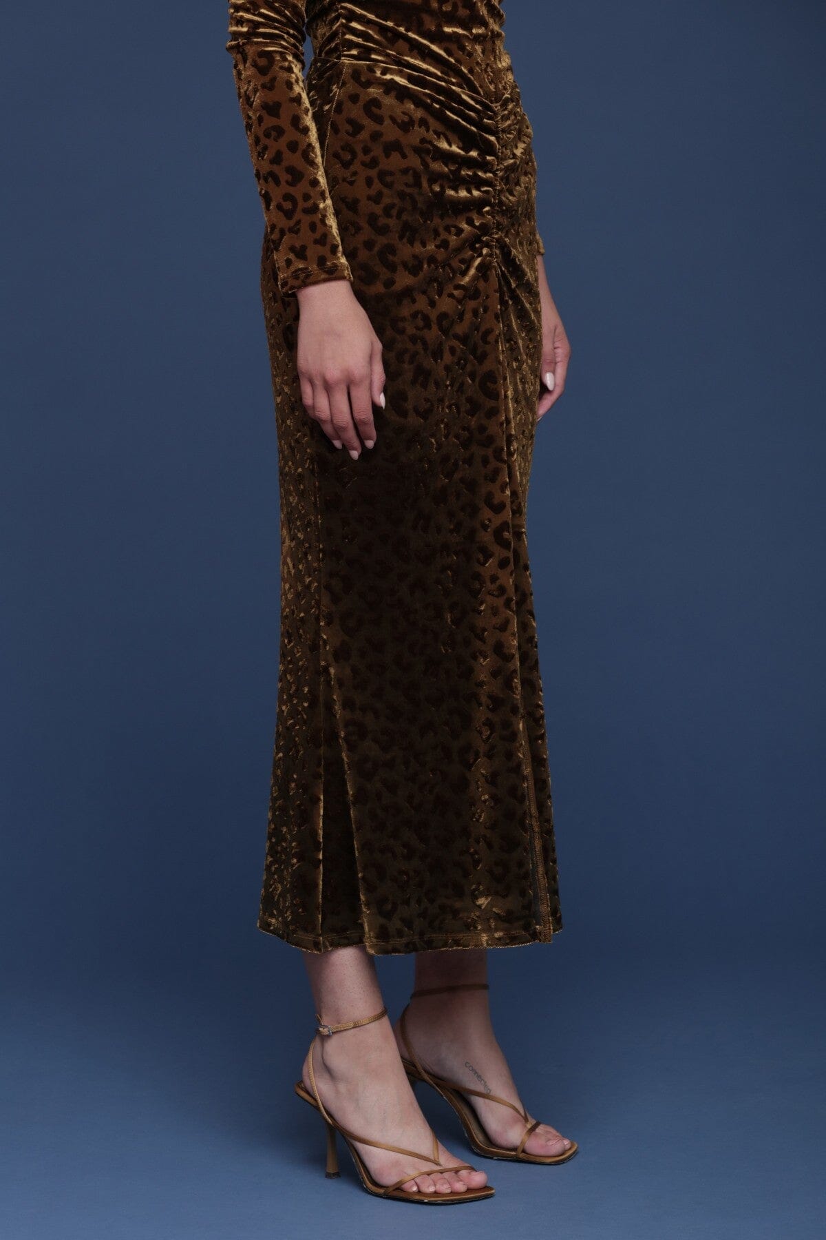 Leopard motif velvet ruched midi skirt with high-rise waist and flattering fit - Shop cute women's midi skirts by Avec Les Filles