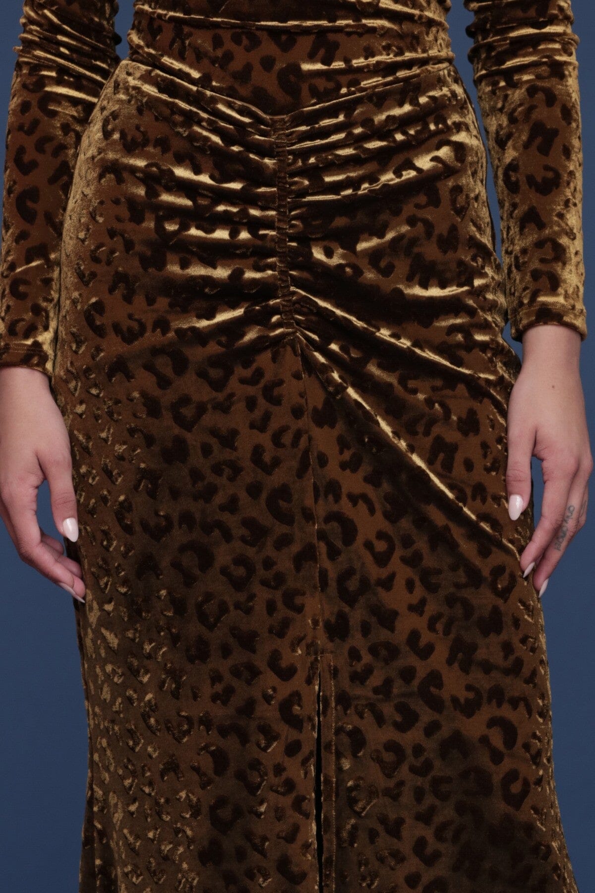 Leopard motif velvet ruched midi skirt with high-rise waist and flattering fit - Shop cute women's midi skirts by Avec Les Filles