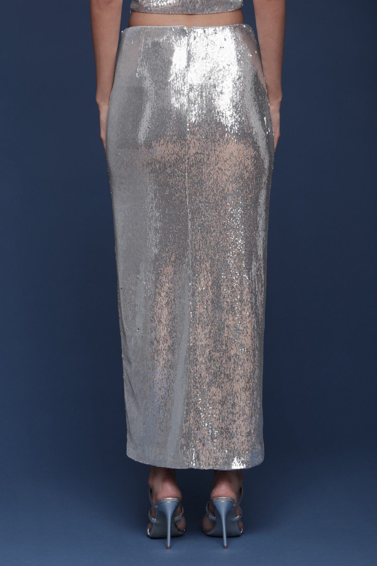 Rosette embellished sequin silver maxi skirt with thigh-high side slit and back zip closure - Shop designer women's party maxi skirts by Avec Les Filles