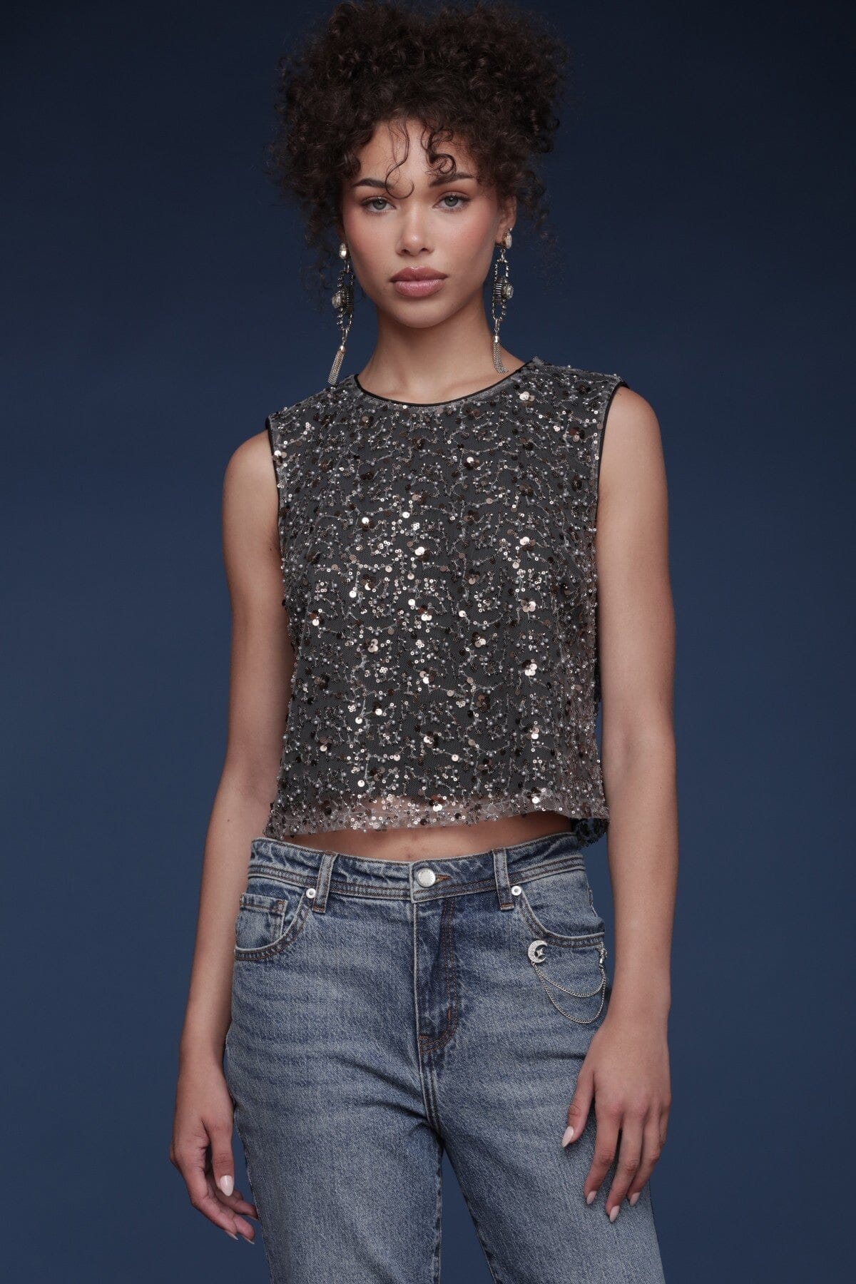 Sequin mesh grey sleeveless crop top with round neckline and keyhole button closure - Shop designer women's crop tops by Avec Les Filles
