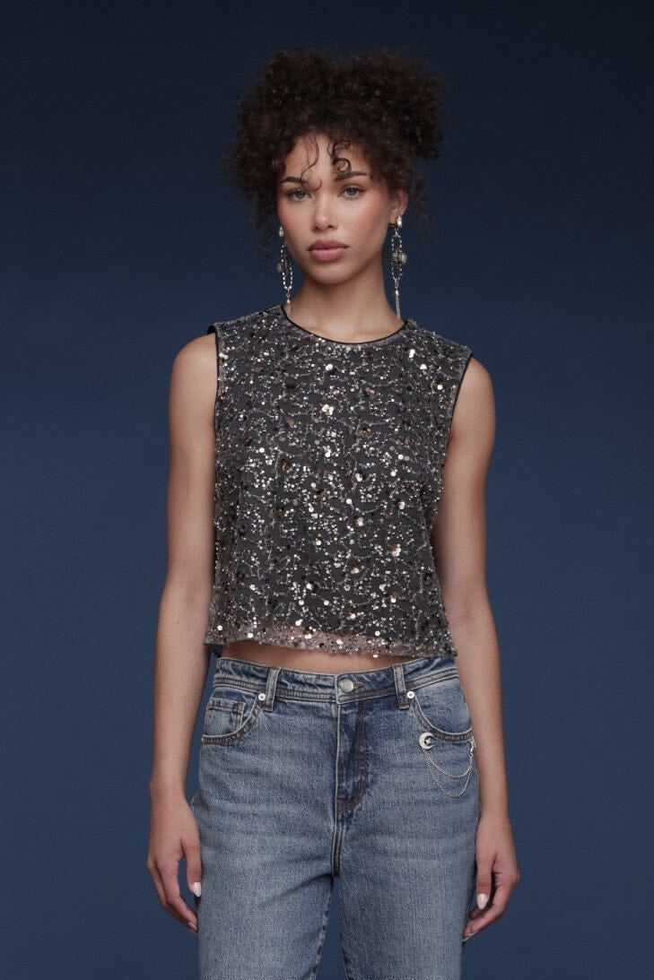 Sequin mesh grey sleeveless crop top with round neckline and keyhole button closure - Shop designer women's crop tops by Avec Les Filles