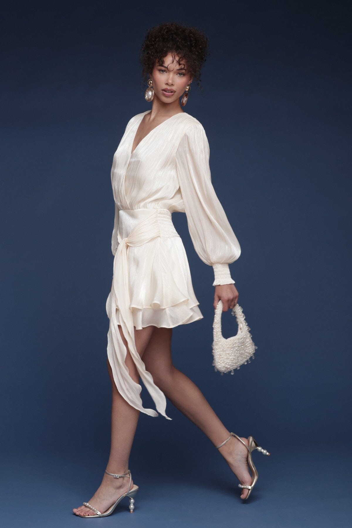Organza tiered ruffle belted cream mini dress with long blouson sleeves, wrap-style and back smock panel - Shop cute women's mini dresses by Avec Les Filles