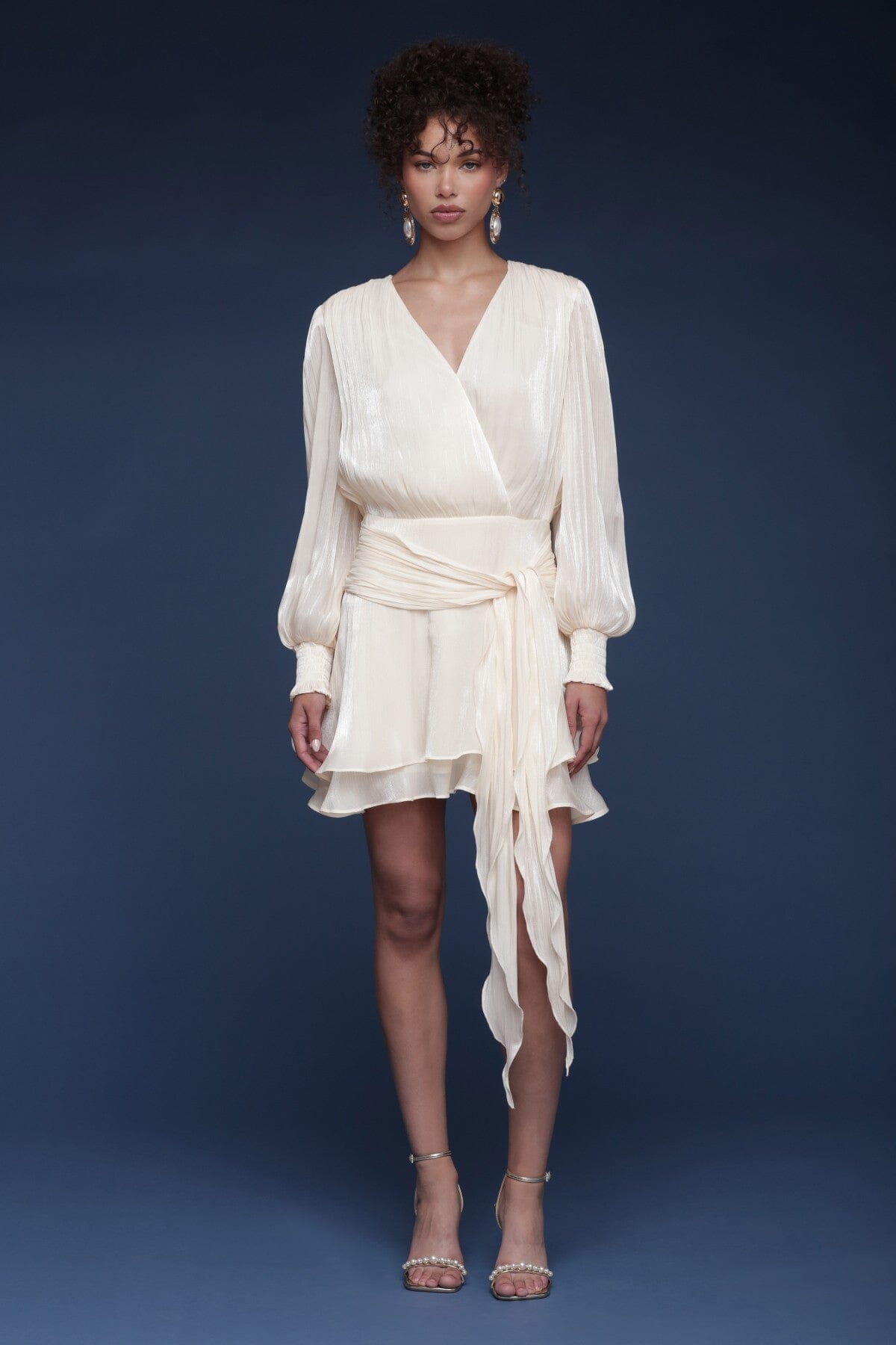 Organza tiered ruffle belted cream mini dress with long blouson sleeves, wrap-style and back smock panel - Shop cute women's mini dresses by Avec Les Filles