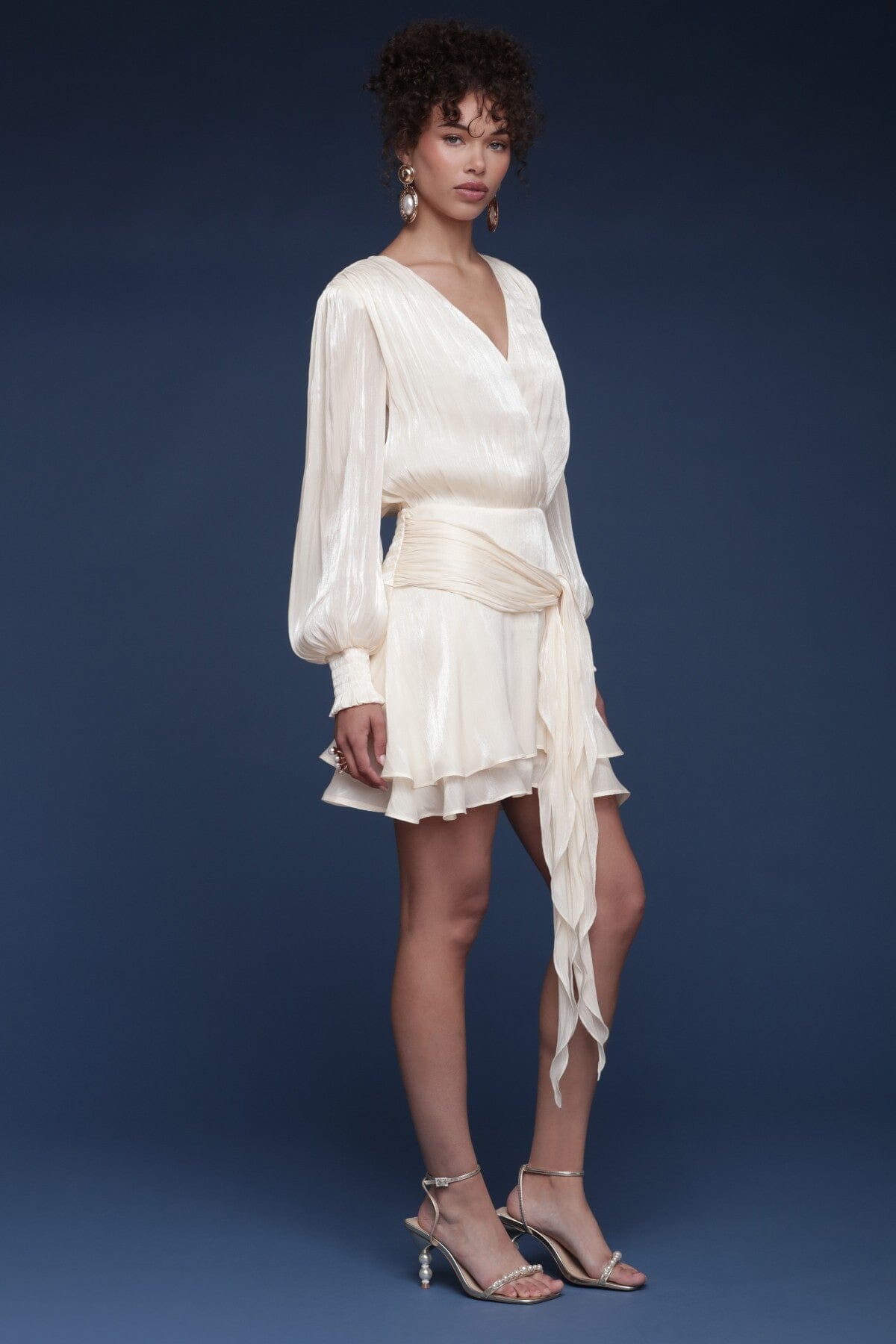 Organza tiered ruffle belted cream mini dress with long blouson sleeves, wrap-style and back smock panel - Shop cute women's mini dresses by Avec Les Filles