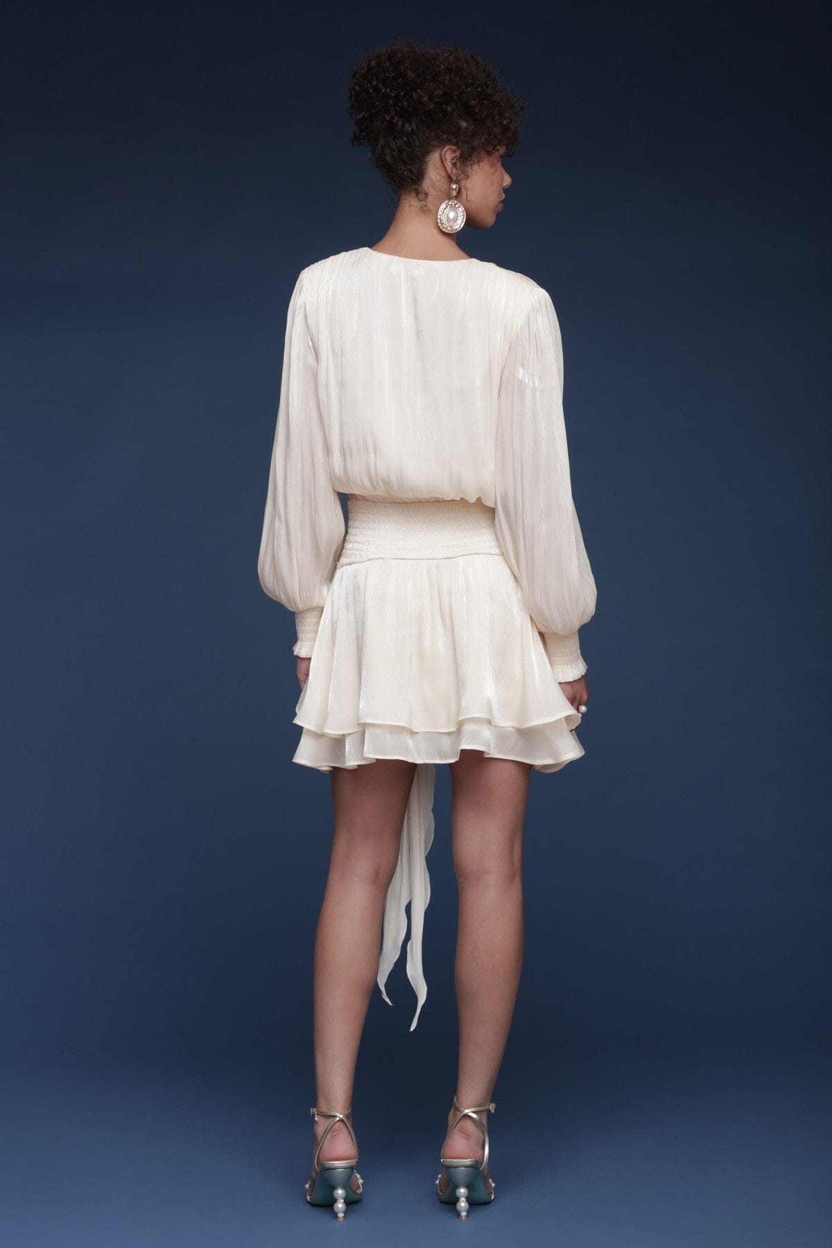 Organza tiered ruffle belted cream mini dress with long blouson sleeves, wrap-style and back smock panel - Shop cute women's mini dresses by Avec Les Filles