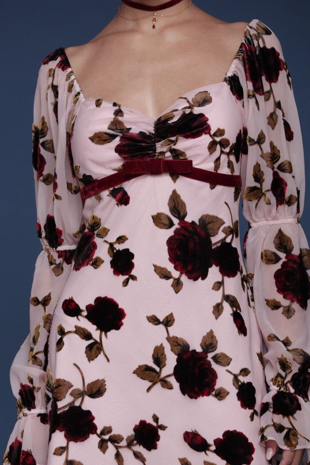 Blush pink floral velvet babydoll mini dress with sweetheart neckline and sheer long puff sleeves - Shop cute women's mini dresses by Avec Les Filles