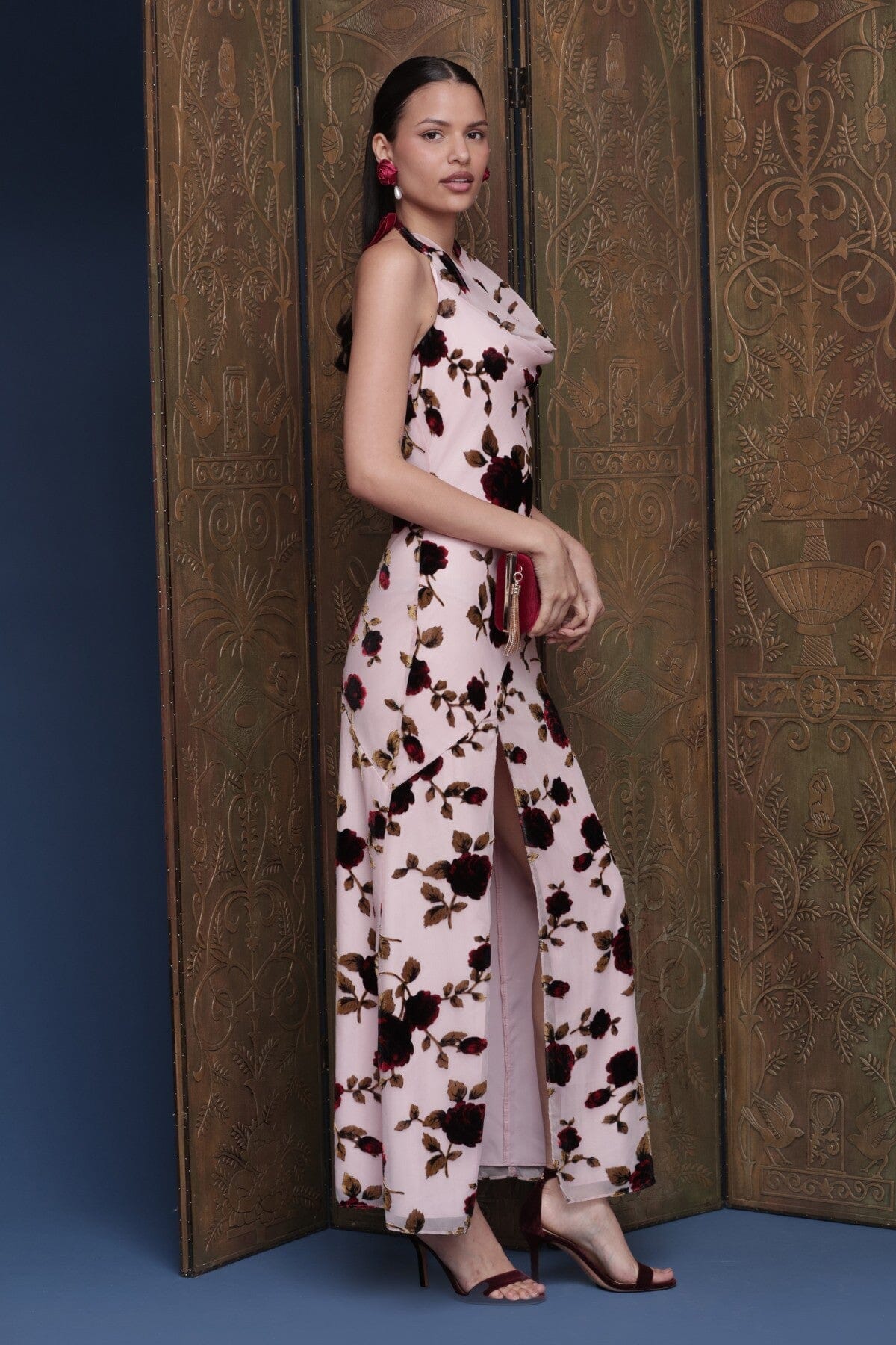 Floral burnout velvet pink maxi dress with front slit, open back and cowl halter neckline - Shop cute women's maxi dresses by Avec Les Filles