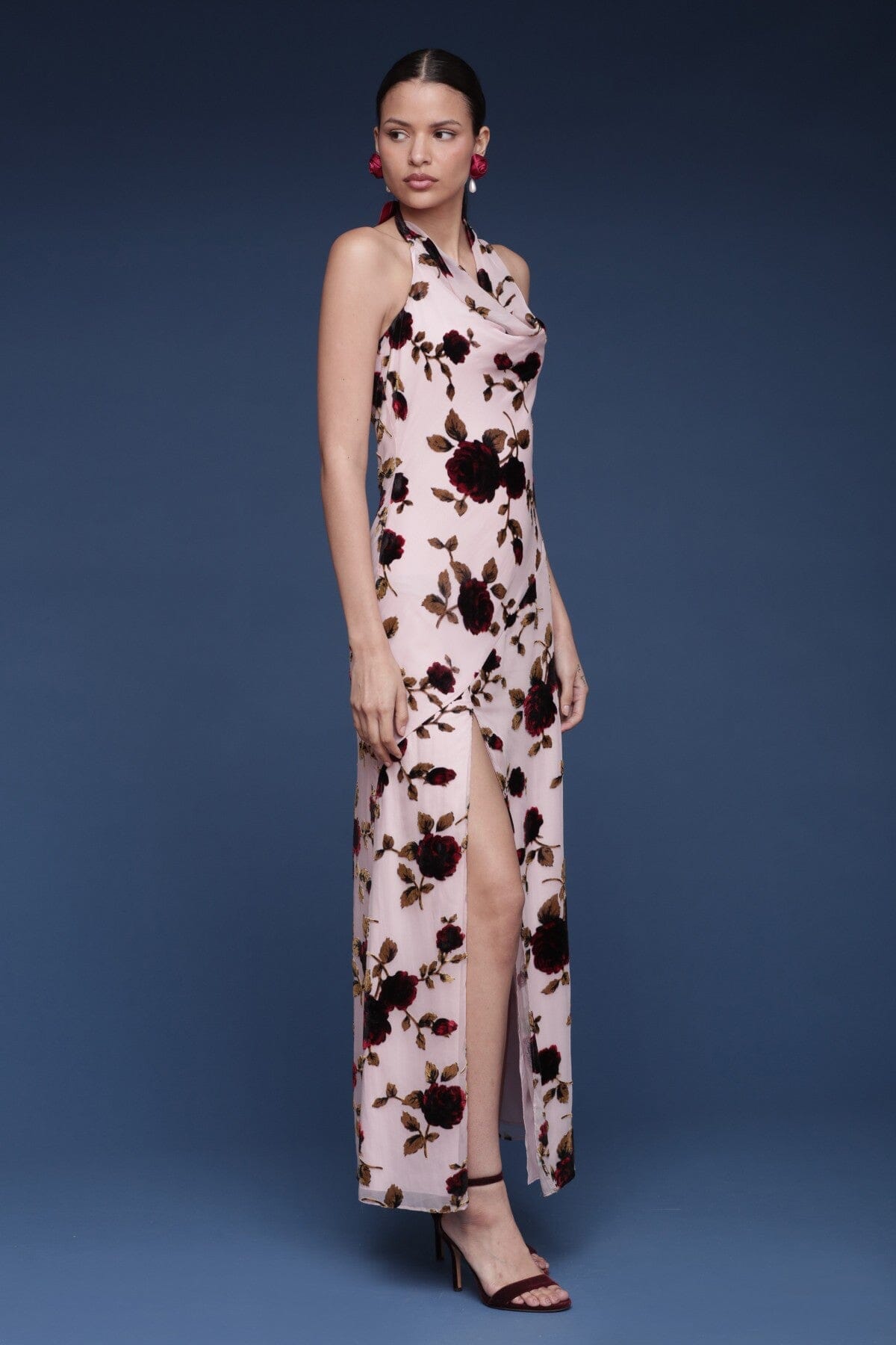 Floral burnout velvet pink maxi dress with front slit, open back and cowl halter neckline - Shop cute women's maxi dresses by Avec Les Filles