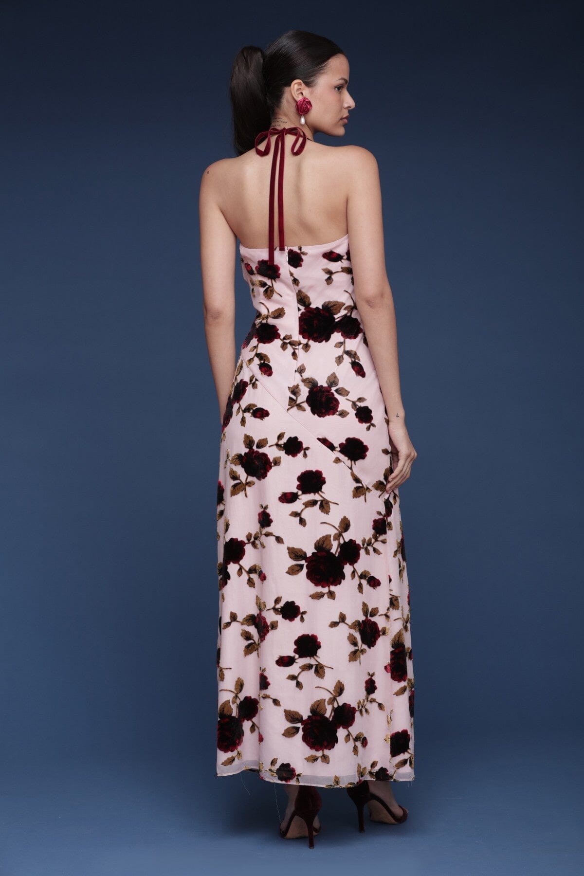 Floral burnout velvet pink maxi dress with front slit, open back and cowl halter neckline - Shop cute women's maxi dresses by Avec Les Filles