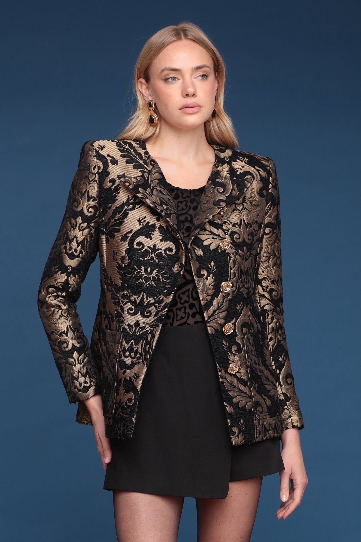 Baroque metallic brocade button-front black and gold Jacket with long sleeves and front patch pockets - Shop cute women's jackets by Avec Les Filles