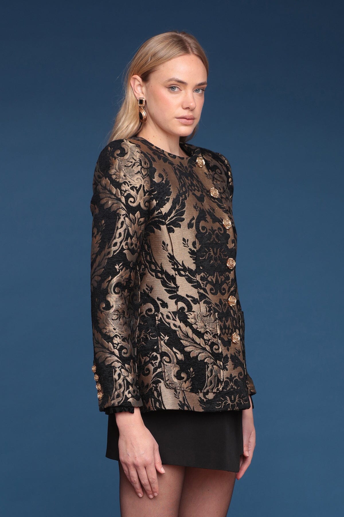 Baroque metallic brocade button-front black and gold Jacket with long sleeves and front patch pockets - Shop cute women's jackets by Avec Les Filles