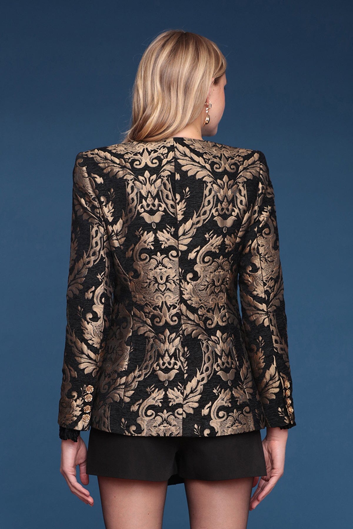 Baroque metallic brocade button-front black and gold Jacket with long sleeves and front patch pockets - Shop cute women's jackets by Avec Les Filles