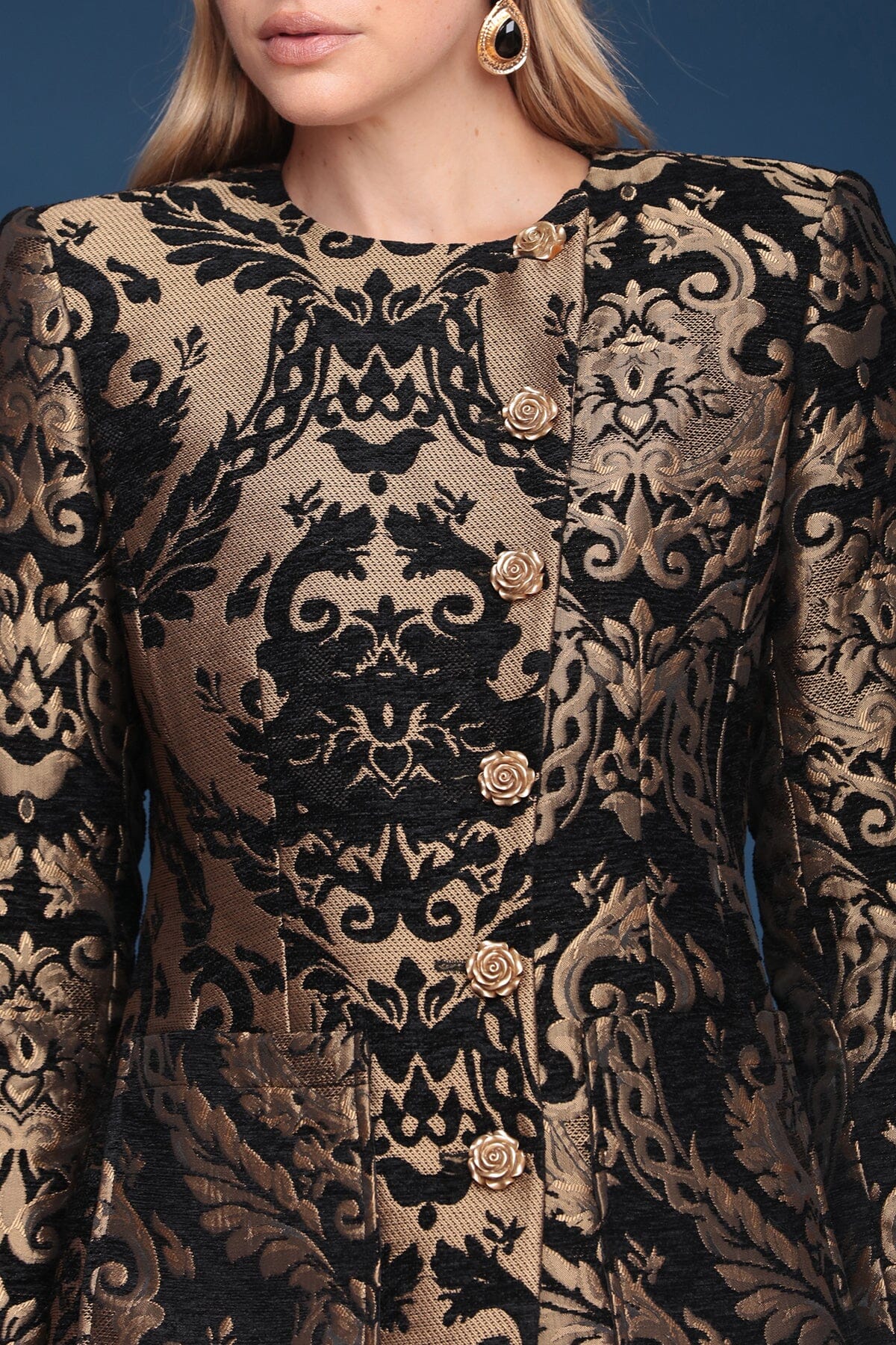 Baroque metallic brocade button-front black and gold Jacket with long sleeves and front patch pockets - Shop cute women's jackets by Avec Les Filles