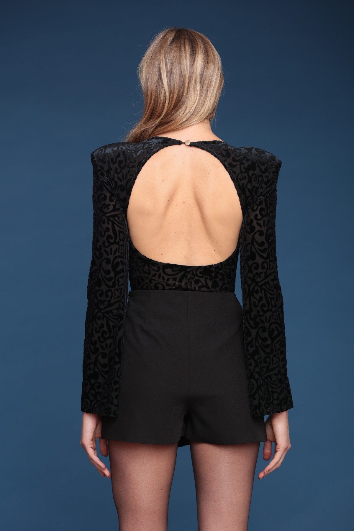Baroque velvet open back black bodysuit with a scoop neckline and long sleeves - Shop cute women's bodysuits by Avec Les Filles