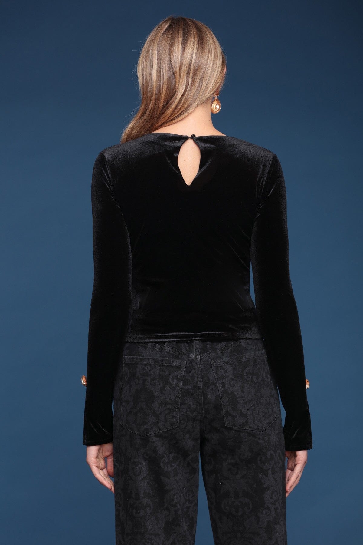 Rose button black velvet top with long sleeves, a round neckline, and a front keyhole cutout - Shop designer women's tops by Avec Les Filles