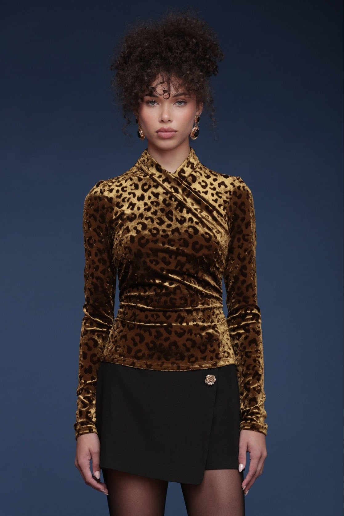 Leopard pattern velvet wrap top with mock-wrap crossover front and long fitted sleeves - Shop cute women's tops by Avec Les Filles